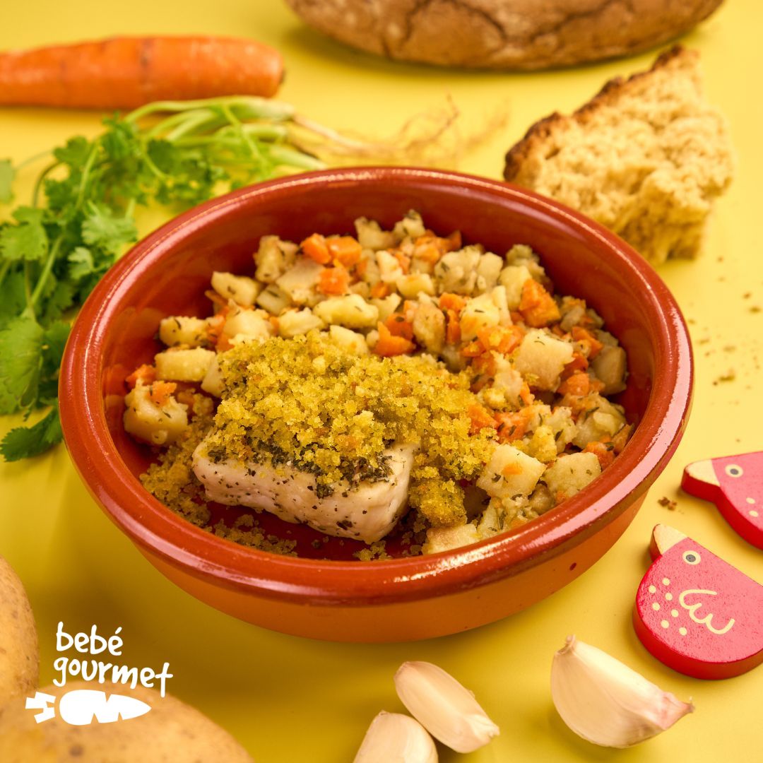 Pescada em Crosta de Broa e Ervas com Batata e Cenoura Assadas (12+)