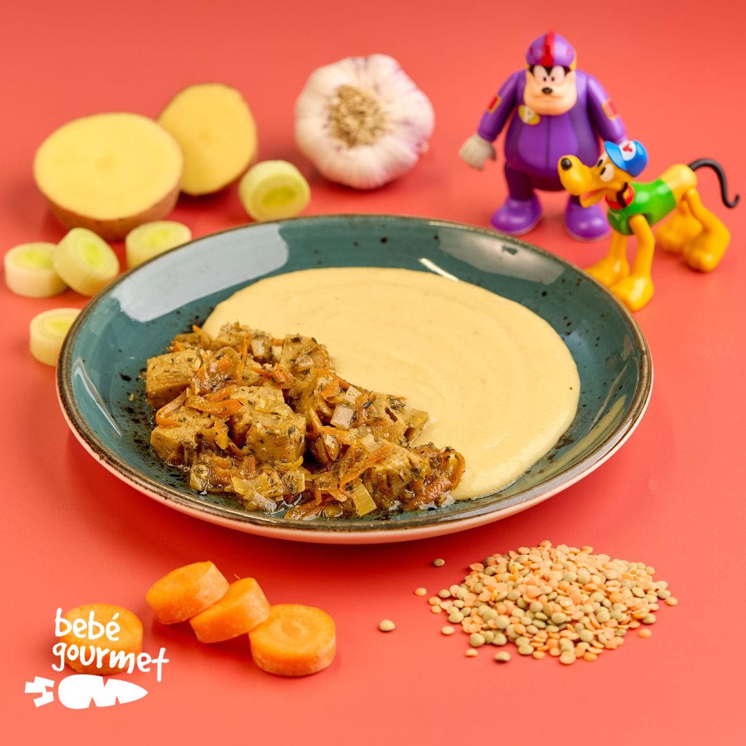 Seitan Salteado com Legumes e Puré de Lentilhas  (12+)